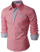 Doublju Mens Casual Pin Stripe Patched Pocket Slim Casual Shirts