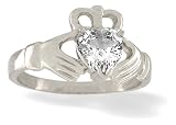 14K White Gold Genuine Heart White Topaz Celtic Claddagh Ring
