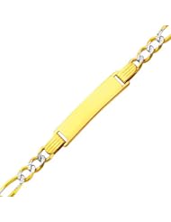 14K Yellow Gold White Pave 4.0mm Baby ID Figaro Bracelet with Lobster Claw Clasp - 6"Inches