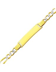 14K Yellow Gold White Pave 4.0mm Baby ID Figaro Bracelet with Lobster Claw Clasp - 6"Inches