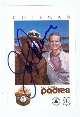 Jerry Coleman Autographed/Hand Signed baseball card (San Diego Padres) 1984 Forest Service (67)