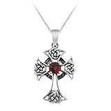 Sterling Silver Celtic Cross w/ Genuine Garnet Pendant w/ Rolo Chain, 18