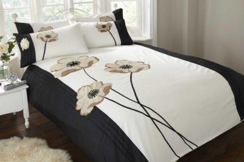 Black Beige & Cream Luxury Floral Embroidered Duvet Cover Sets! Available In A Choice Of 4 Sizes. Choose Your Size!! Double Duvet Cover (198x198cm) With Two Pillowcases (48x74cm)