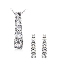 Rhodium Plated Sterling Silver Created White Corundum Linear Pendant, 18" and Earring Set
