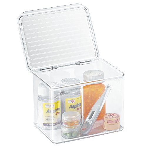 mDesign Storage Box Organizer for Vitamins, Medicine, Medical, Dental Supplies - Hinged Lid, Small, Clear