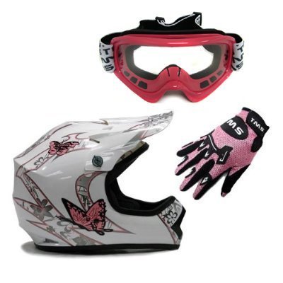 TMS Youth Kids White Pink Butterfly Dirt Bike ATV Motocross Off-road Helmet DOT with Goggles and Gloves (Small)