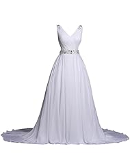 Plus Size A-line V-neck  Crystal Backless Beaded Chiffon Sleeveless Wedding Dress  with a Chapel Train  With a Sash  and Ruffles