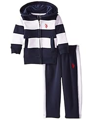 Apparel: U.S. Polo Assn. Baby Boys Fleece Zip Up Hoodie Set, Classic Navy, 18 Months - US Polo Assn. Children's Apparel