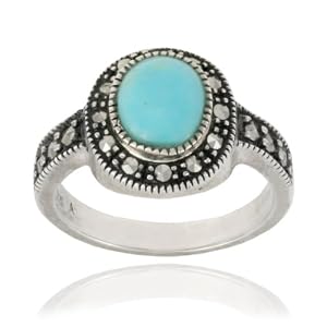 Sterling Silver Marcasite and Synthetic Turquoise Oval Ring, Size 8