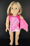 Pink One Piece Swim Suit in Pink with White Floral Design Complete with Towel and Swim Cap Designed for 18 Inch Doll Like the American Girl Dolls