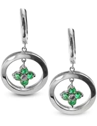 CleverEve Luxury Series One Pair Round Clover Silver Earrings w/ 3mm Genuine Round Emerald Stones