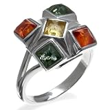 Certified Genuine Multicolor Amber and Sterling Silver Square Ring