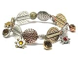 Casting Tri Tone Metal Disk and Multi Charms Stretch Bracelet Fashion Jewelry