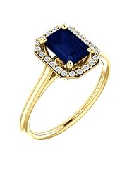 14K Yellow Gold 7.00x5.00mm Emerald Cut Sapphire and Diamond Halo-Style Ring -- LIFETIME WARRANTY