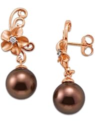 Chocolate Tahitian Pearl Earrings with Diamonds in 14K Rose Gold (9-10mm)