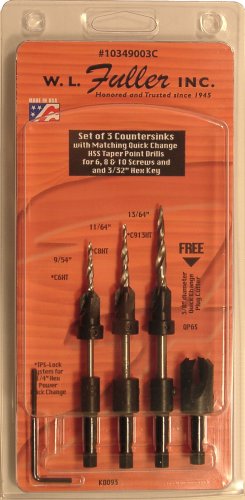 Set of 3 Countersinks with Matching Quick Change HSS Taper Point Drills for 6, 8, and 10 Wood Screws and 3/32 Hex Key.