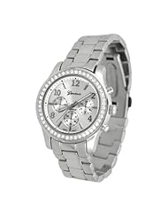 Geneva Chronograph Look Watch with Crystals SilverTone Metal Link-SILMTL