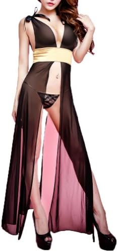 ROSEMANDY Sexy Transparent Clairvoyant Long Dress Lingerie Set Sleepwear