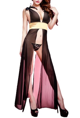 ROSEMANDY Sexy Transparent Clairvoyant Long Dress Lingerie Set Sleepwear