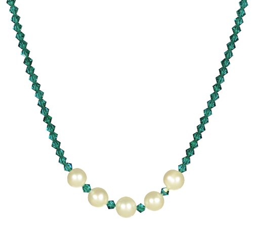 White Freshwater Cultured Pearl and Zircon Swarovski Crystallized Elements Bead Necklace with Gold Plated Sterling Silver Clasp, 18