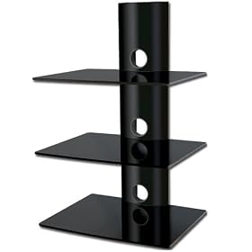 Designer Habitat - 3x Floating Black Glass Shelves Mount Bracket for DVD / Blu-Ray Player, PS3 Xbox 360 Games Console, Satellite/Cable Box