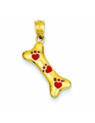 14K Gold Yellow Gold Dog Bone with Red Enamel Paw Prints Pendant
