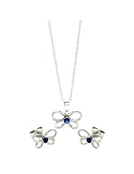 Nickel Free Sterling Silver Pendant & Earring Sets Open Butterfly With Blue Cubic Zirconia Center Stone Sterling Silver Set Pendant Length: 9.6mm Width: 15.45mm Earring Length: 7.15mm Width: 11.6mm