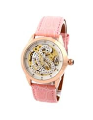 Womens Swan Crystal Skeleton Dial Mechanical Hand-winding Wrist Watch Pink