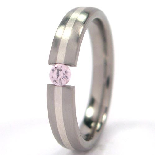 New 4mm Titanium Tension Set Ring w/ Silver Inlay, Pink Sapphire Bands, Free Sizing 4.5-11