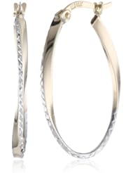 14K Yellow and White Gold Diamond Cut Oval Hoop Earrings