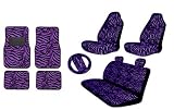 Premium New Style Purple Zebra 13pc High Back Front Seat Covers, Bench Seat Cover with Head Rest, Steering Wheel Cover with Shoulder Pads, 4pc Front and Back Floor Mats
