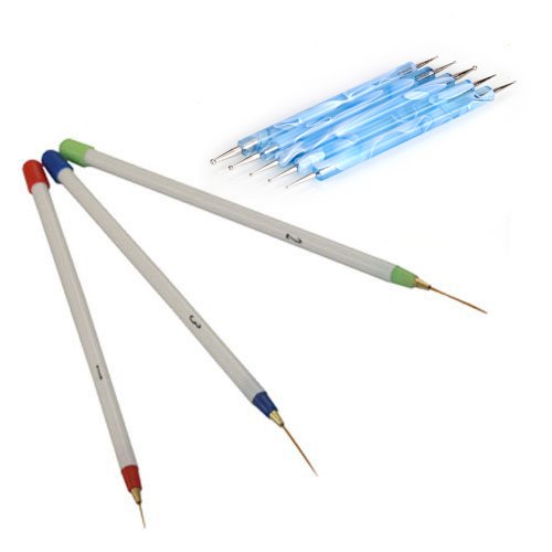 3 Pcs Sable Nail Art Brushes Detailer Liner Striper + 5 X 2 Way Marbleizing Dotting Pen Tools Set