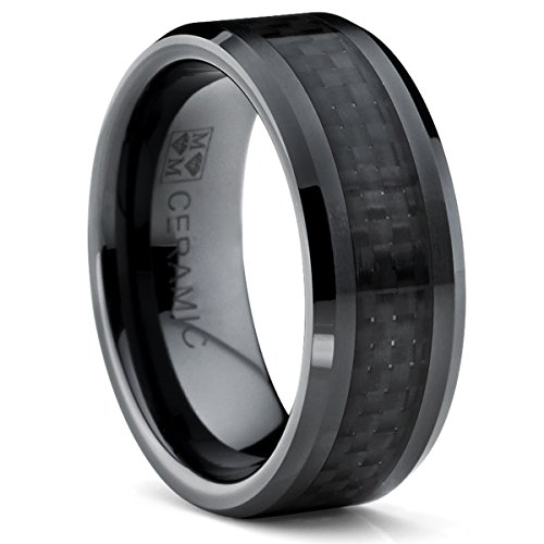 8MM Flat Top Men's Black Ceramic Ring Wedding Band With Black Carbon Fiber Inlay Sizes 5 to 15