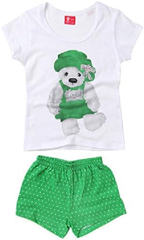 XiaoYouYu Big Girl's Bear Print Summer Cotton Shorts Clothing Set US Size 4T Green