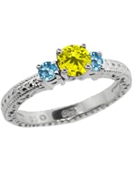 0.85 Ct Round Canary Diamond Swiss Blue Topaz 18K White Gold 3-Stone Ring