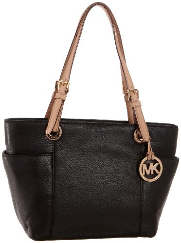 Michael Kors Black Leather Jet Set Item MD Zip Top Tote Shoulder Bag Handbag Purse