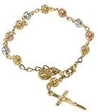 Gorgeous 24k Tri-Tone Florintine Rose, Yellow & White Gold Layered Rosary Bracelet with Crucifix and Coin Charms ~ Comes in a Fancy Velour Hinged Gift Box