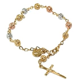 Gorgeous 24k Tri-Tone Florintine Rose, Yellow & White Gold Layered Rosary Bracelet with Crucifix and Coin Charms ~ Comes in a Fancy Velour Hinged Gift Box
