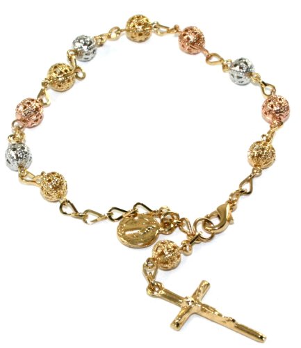 Gorgeous 24k Tri-Tone Florintine Rose, Yellow & White Gold Layered Rosary Bracelet with Crucifix and Coin Charms ~ Comes in a Fancy Velour Hinged Gift Box