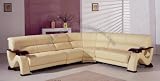 Modern Furniture Beige Leather Sectional Sofa w/Mahogany Armrests and Legs