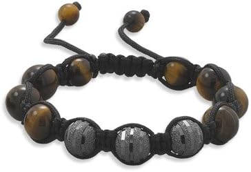 Men's Adjustable Macrame Bracelet with Tiger's Eye Beads. Adjustable Black Macrame Cord Bracelet with 9.5mm Tiger's Eye Beads and Three 8mm Black Rhodium Plated Sterling Silver Diamond Cut Beads.