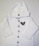 IMAGE OF Knitted on Hand Knitting Machine White Chenille Finished By Hand Crochet Infant Boys and Girls Cardigan Hat Set Trimmed with Black Velvet Rhinestone Butterfly