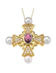 14K Yellow Gold Pink Tourmaline, Pearl and Diamond Cross Pendant -- LIFETIME WARRANTY