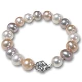 Tricolor White Lavender Peach 10-11mm AA+ Cultured Pearl Platinum Overlay Sterling Silver Rose Clasp Bracelet 7" (L1S2R2)