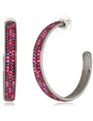 Judith Leiber Jewelry Fancy Pave Crystal 1 3/4" Gunmetal and Fuchsia Hoop Earrings