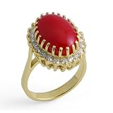 Red Coral Ring with Diamond in 14K Yellow Gold