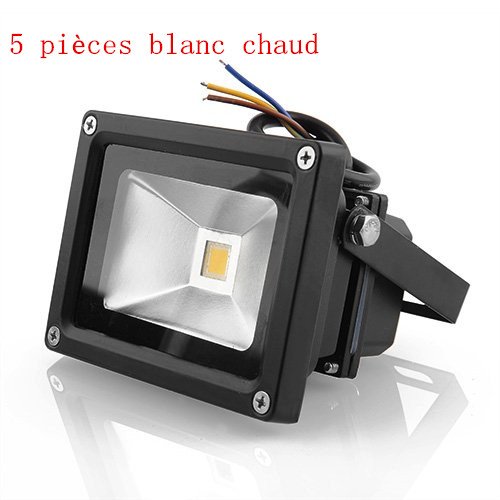 amzdeal® 10W LED lumière d'inondation de projecteur blanc froid blanc chaud projecteur extérieur IP65 Noir (lot de 5 x blanc chaud)