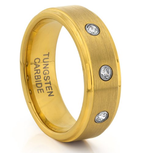 8MM Tungsten Carbide Brushed Gold Diamond CZ Mens Wedding Band Ring (Available Sizes 7-14 Including Half Sizes)