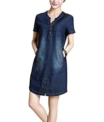 V-neck Short Sleeves Fitted Slit Above the Knee Short Cotton/Denim  Dress