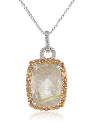 Sterling Silver Cushion Cut Rutilated Quartz, Spessartite Garnet and Diamond-Accented Pendant Necklace, 18"